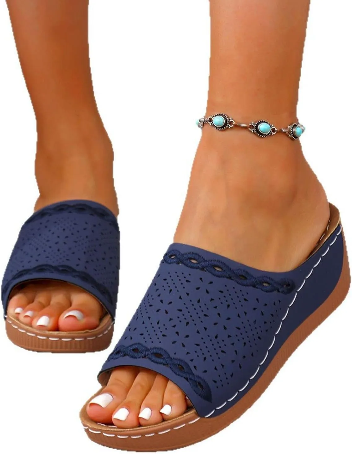 Platform Sandals Women Summer Orthopedic Arch Support Flat Slip on Wide Width Leather Wedge Sandals Damping Sole Upgradation Stretch Lightweight Heels Sandals Diabetic Walking Shoes