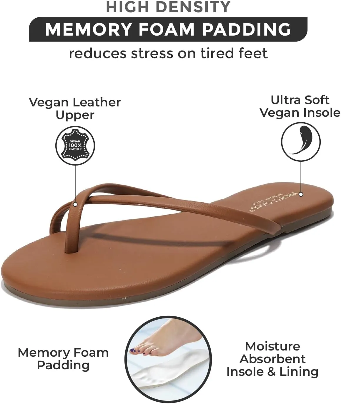 Project Cloud Vegan Leather Flip Flops for Women Footwear - Memory Foam Flats Sandals for Women 2025 - Lightweight Sandals Summer Beach Essentials Slides (Foundations)