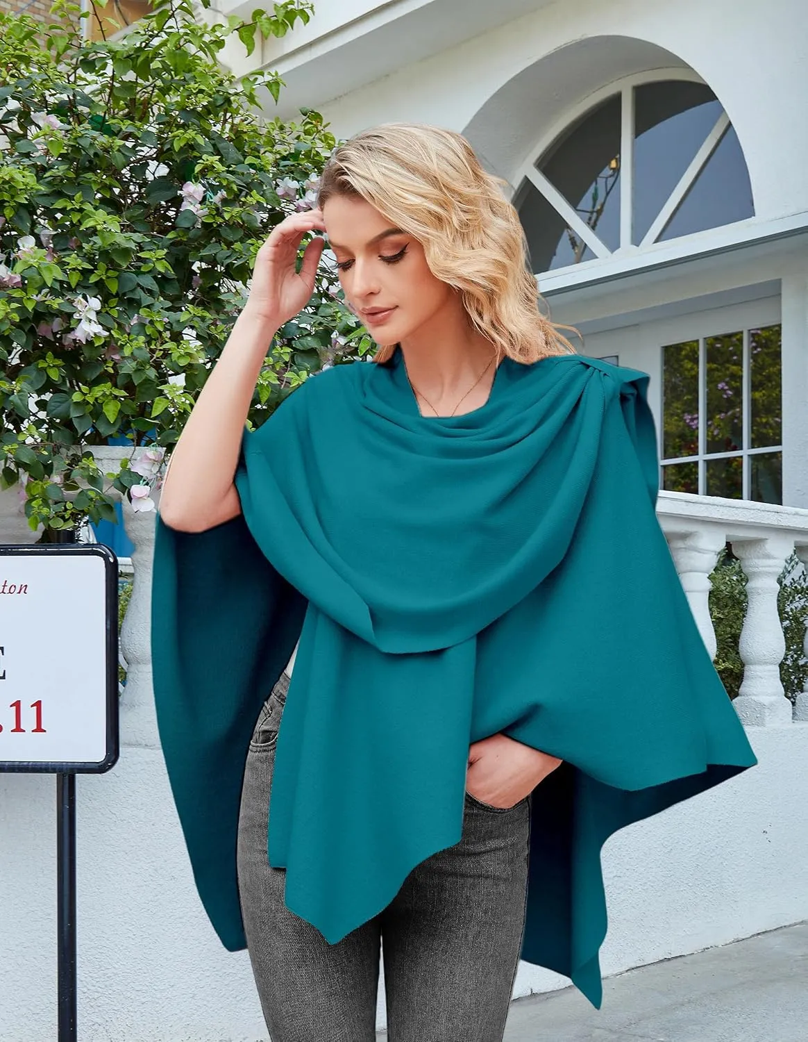 PULI Womens Large Cross Front Poncho Sweater Wrap Topper Knitted Elegant Shawls Cape for Fall Winter