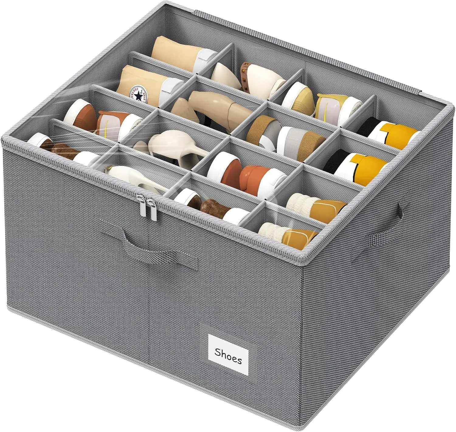 Shoe Organizer for Closet Washable PP board, Large Fits Up to 16 Pairs Shoe Box Storage Foldable,, Adjustable Dividers Shoe Storage Bins with Clear Cover for High Heels Sneakers Canvas Shoes (Gray)