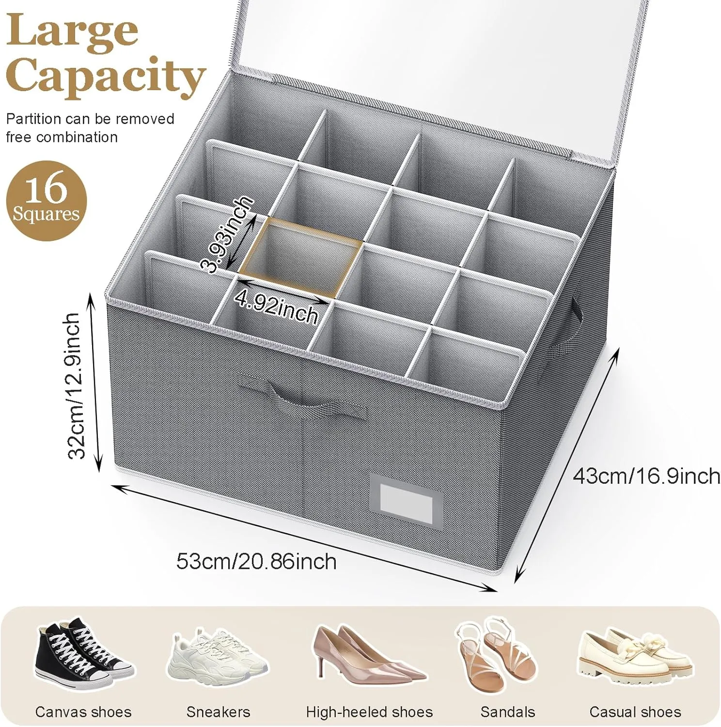 Shoe Organizer for Closet Washable PP board, Large Fits Up to 16 Pairs Shoe Box Storage Foldable,, Adjustable Dividers Shoe Storage Bins with Clear Cover for High Heels Sneakers Canvas Shoes (Gray)