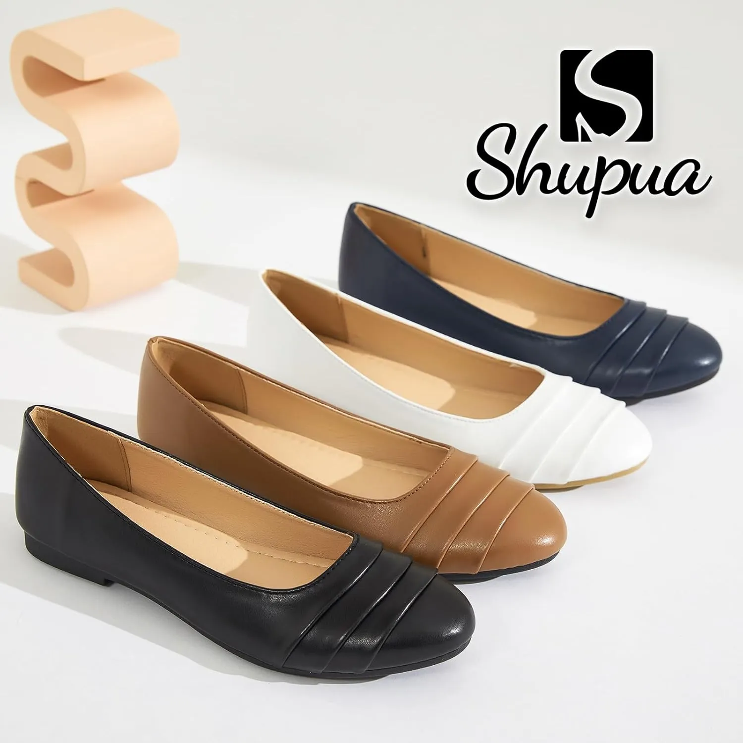 Shupua Women's Dressy Comfortable Flats Shoes Black Leather Work Ballet Flats Round Toe Dress Shoes