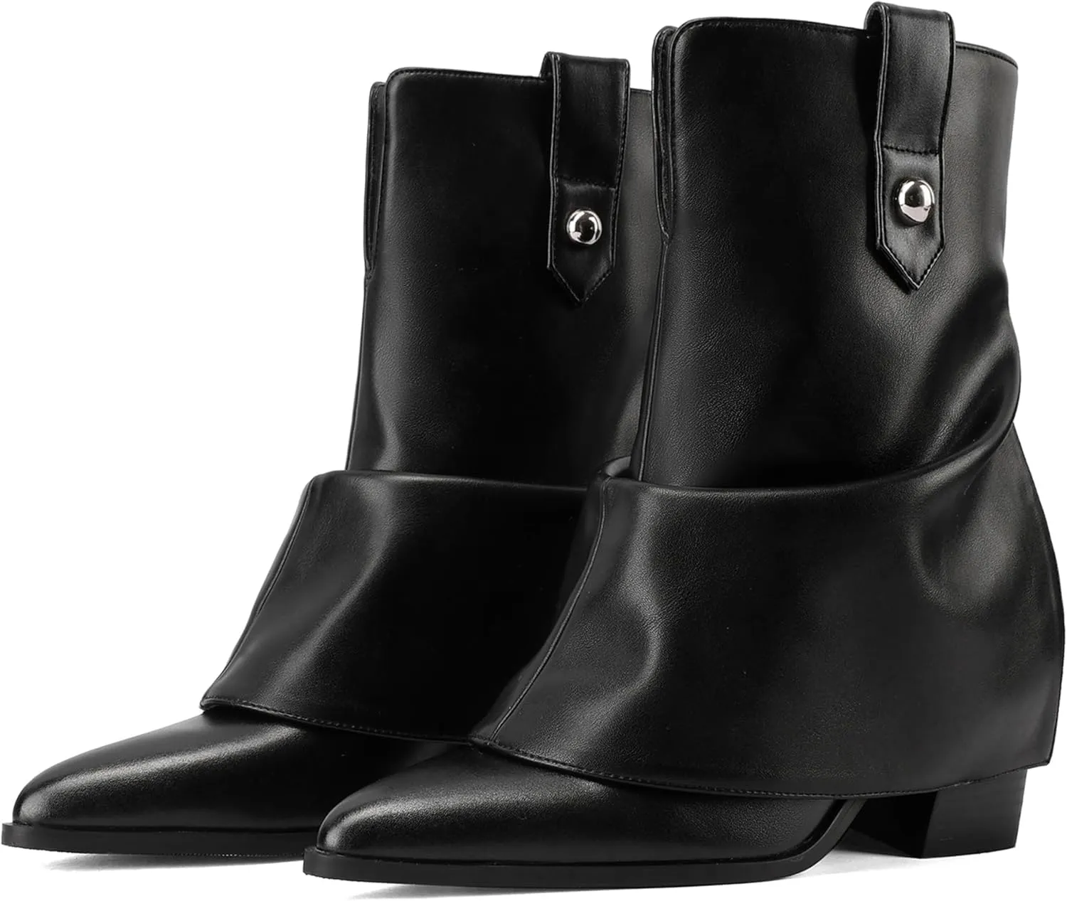 Silver Ankle Boots Women Pointed Toe Design Fold-Over Shaft Vegan Leather Mid Heel Booties For Winter Street Style