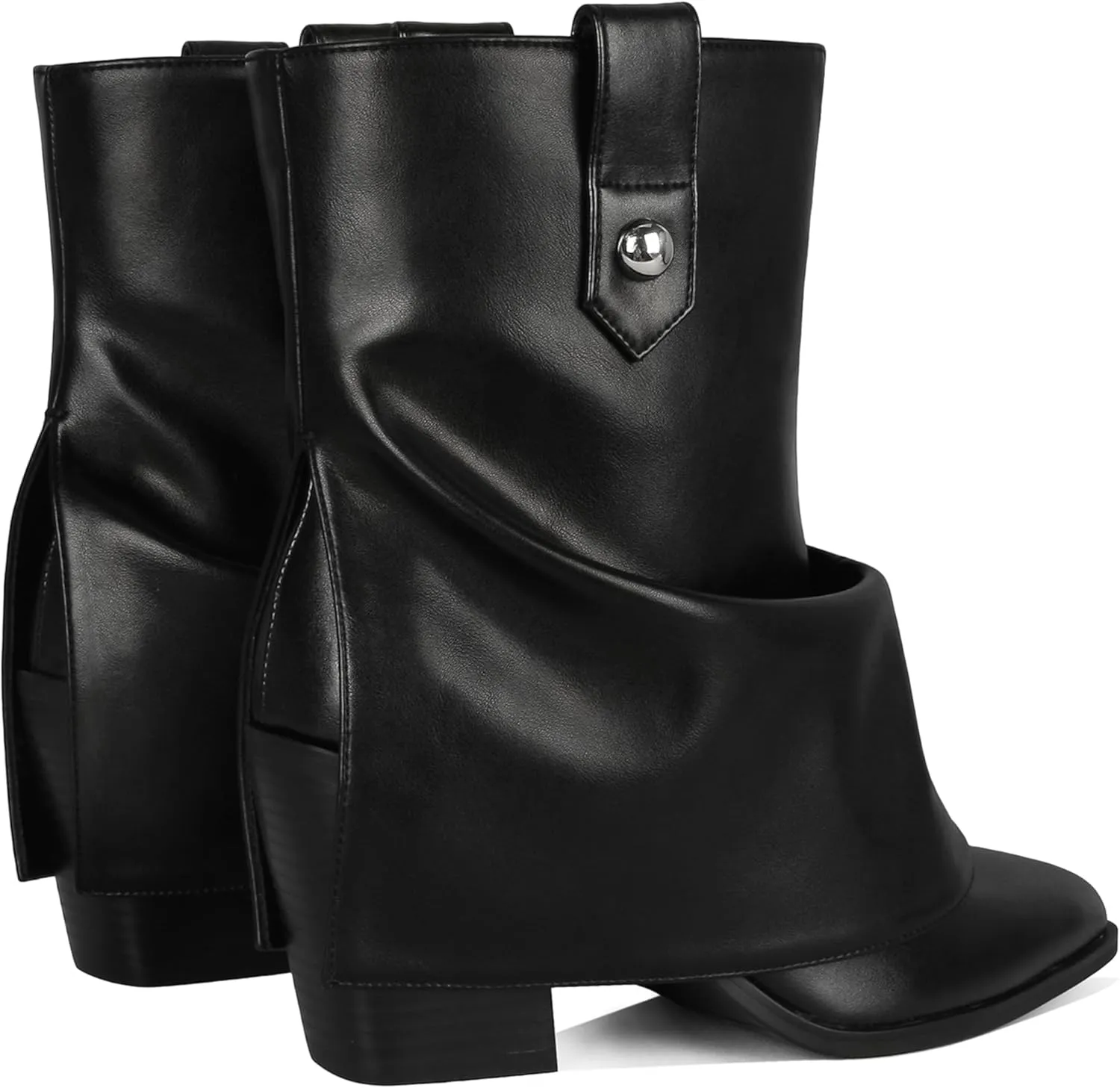 Silver Ankle Boots Women Pointed Toe Design Fold-Over Shaft Vegan Leather Mid Heel Booties For Winter Street Style
