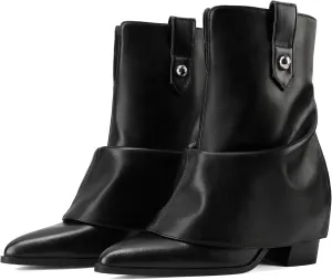 Silver Ankle Boots Women Pointed Toe Design Fold-Over Shaft Vegan Leather Mid Heel Booties For Winter Street Style