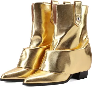Silver Ankle Boots Women Pointed Toe Design Fold-Over Shaft Vegan Leather Mid Heel Booties For Winter Street Style