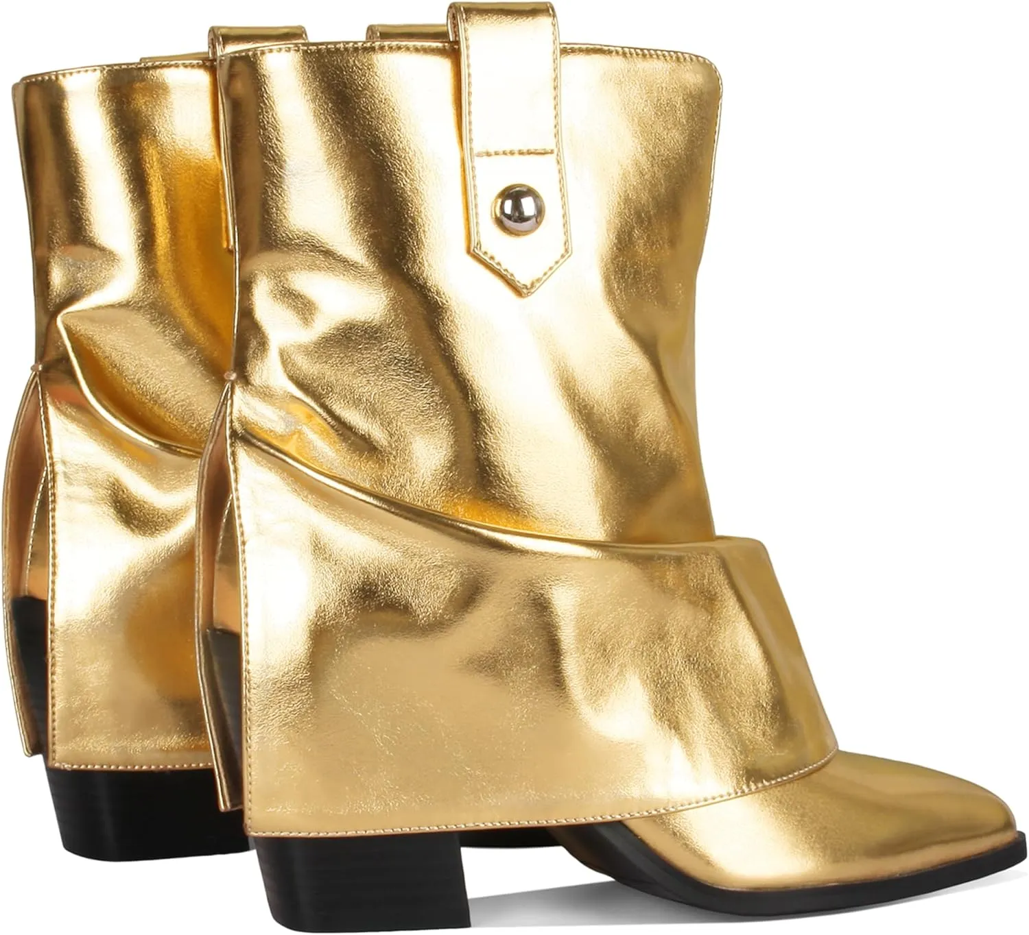 Silver Ankle Boots Women Pointed Toe Design Fold-Over Shaft Vegan Leather Mid Heel Booties For Winter Street Style