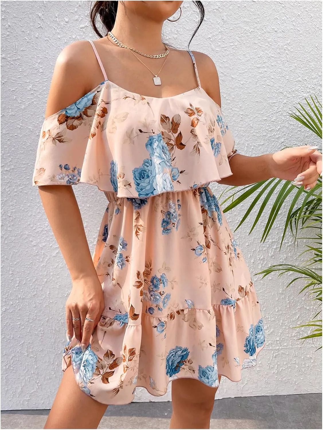 SOLY HUX Women's Boho Floral Print Cold Shoulder Dress Short Sleeve Ruffle A Line Vacation Elegant Mini Dresses