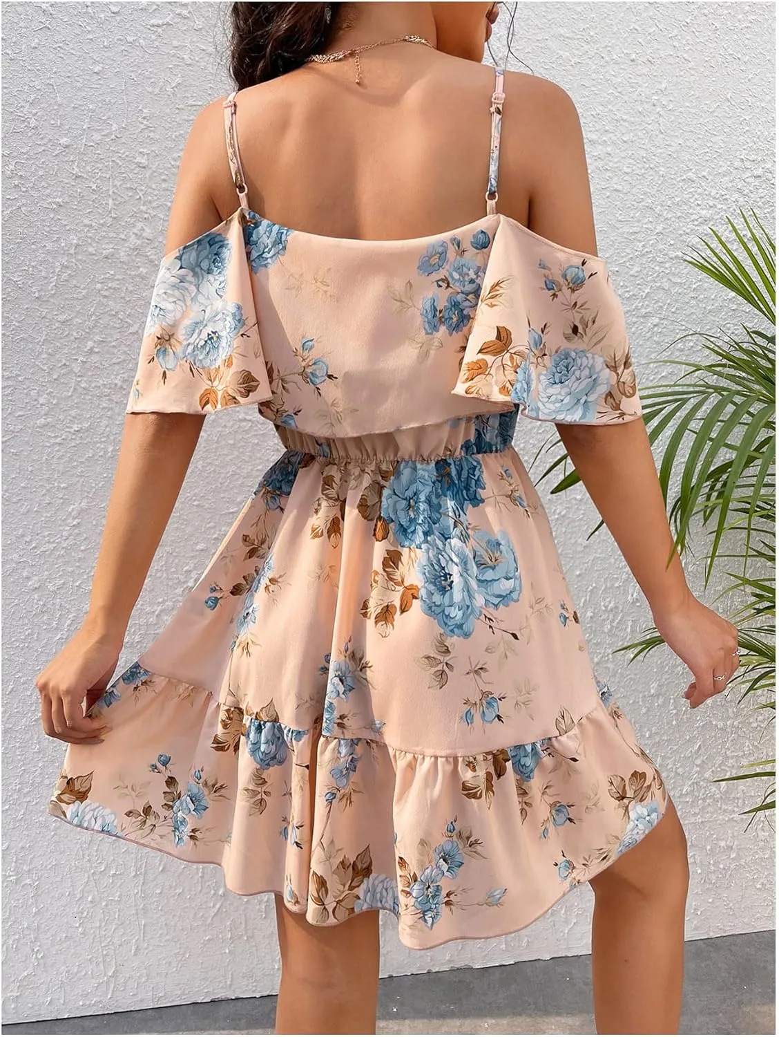 SOLY HUX Women's Boho Floral Print Cold Shoulder Dress Short Sleeve Ruffle A Line Vacation Elegant Mini Dresses