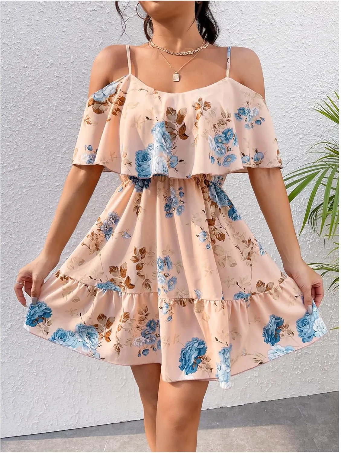 SOLY HUX Women's Boho Floral Print Cold Shoulder Dress Short Sleeve Ruffle A Line Vacation Elegant Mini Dresses