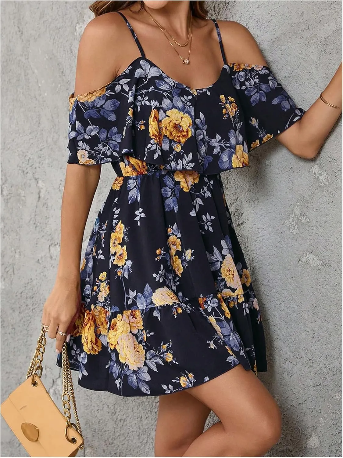 SOLY HUX Women's Boho Floral Print Cold Shoulder Dress Short Sleeve Ruffle A Line Vacation Elegant Mini Dresses