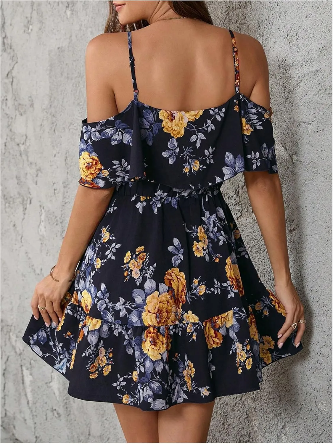SOLY HUX Women's Boho Floral Print Cold Shoulder Dress Short Sleeve Ruffle A Line Vacation Elegant Mini Dresses