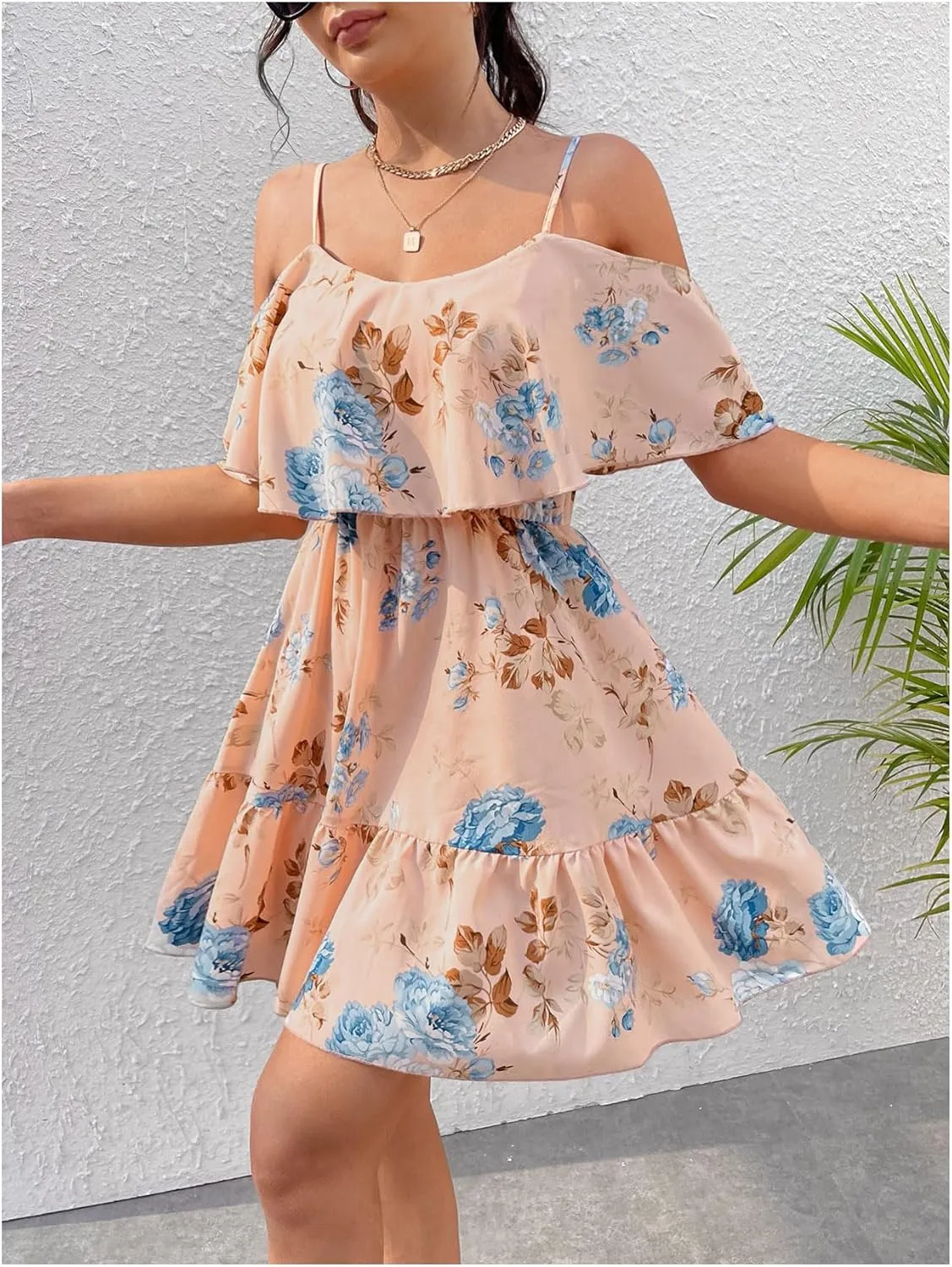 SOLY HUX Women's Boho Floral Print Cold Shoulder Dress Short Sleeve Ruffle A Line Vacation Elegant Mini Dresses