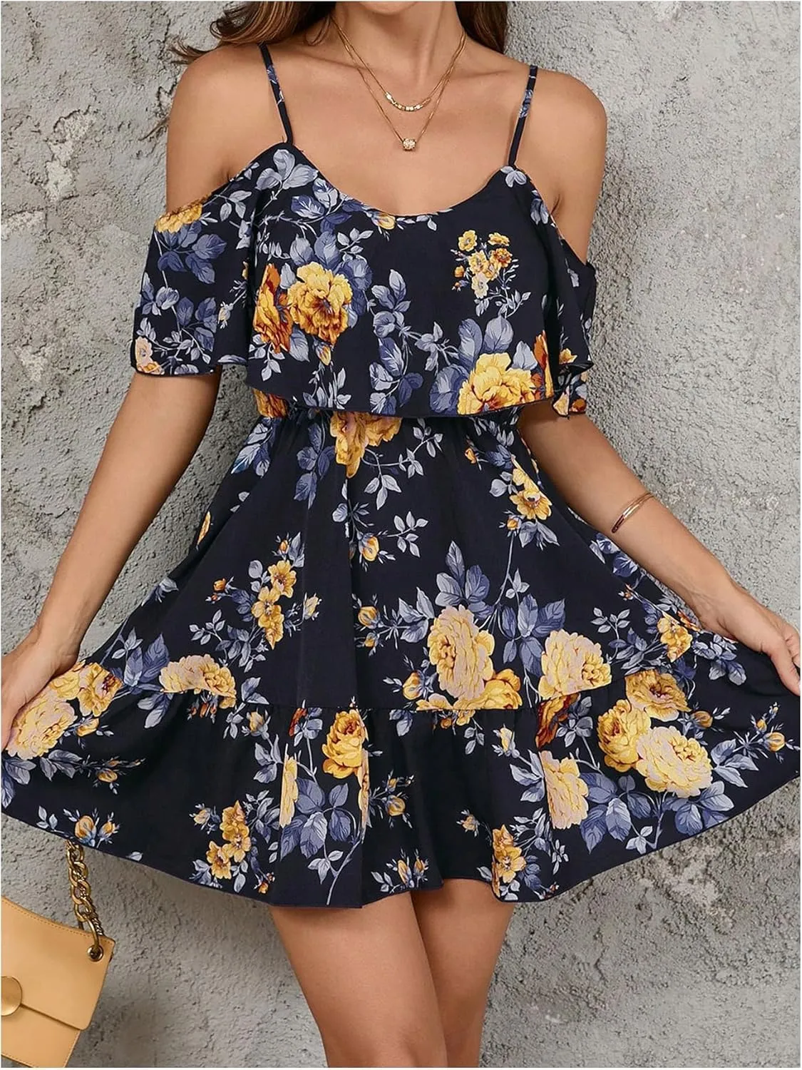 SOLY HUX Women's Boho Floral Print Cold Shoulder Dress Short Sleeve Ruffle A Line Vacation Elegant Mini Dresses