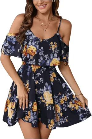 SOLY HUX Women's Boho Floral Print Cold Shoulder Dress Short Sleeve Ruffle A Line Vacation Elegant Mini Dresses
