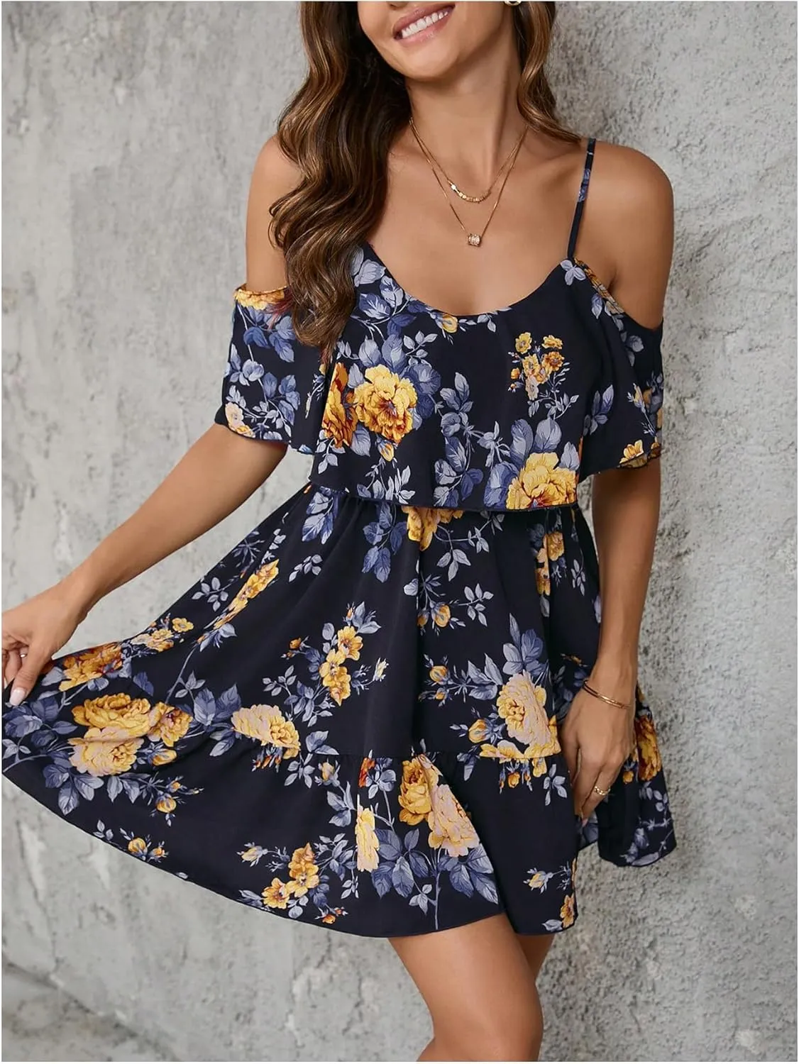 SOLY HUX Women's Boho Floral Print Cold Shoulder Dress Short Sleeve Ruffle A Line Vacation Elegant Mini Dresses