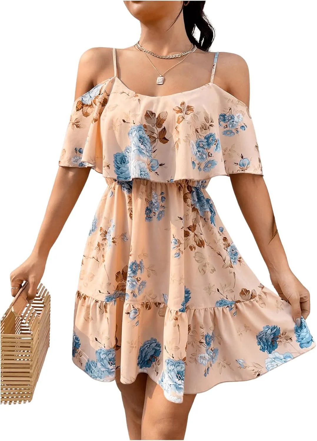 SOLY HUX Women's Boho Floral Print Cold Shoulder Dress Short Sleeve Ruffle A Line Vacation Elegant Mini Dresses