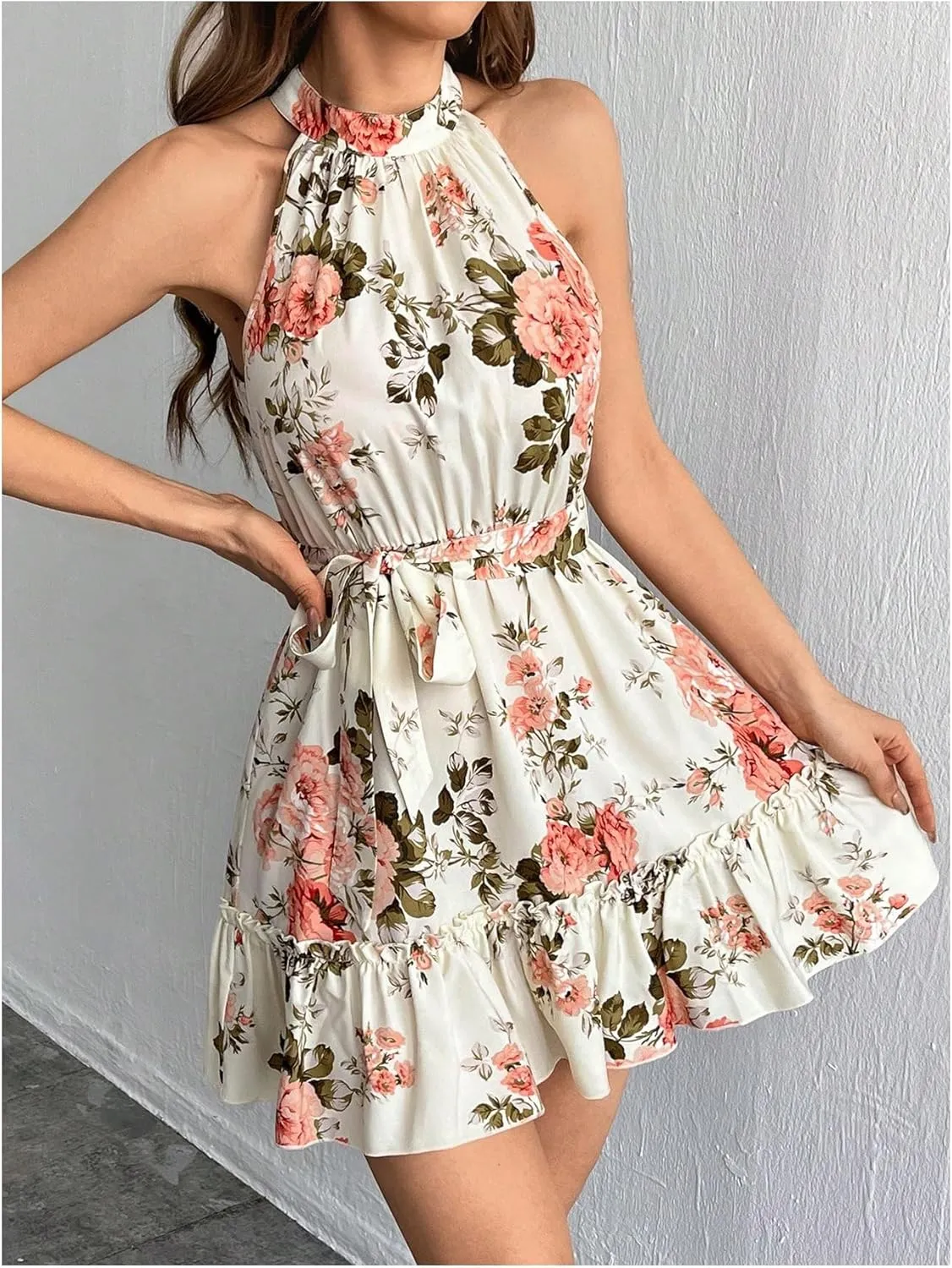 SOLY HUX Women's Elegant Floral Print Halter Dress Sleeveless Ruffle A Line Flowy Mini Dresses with Belt