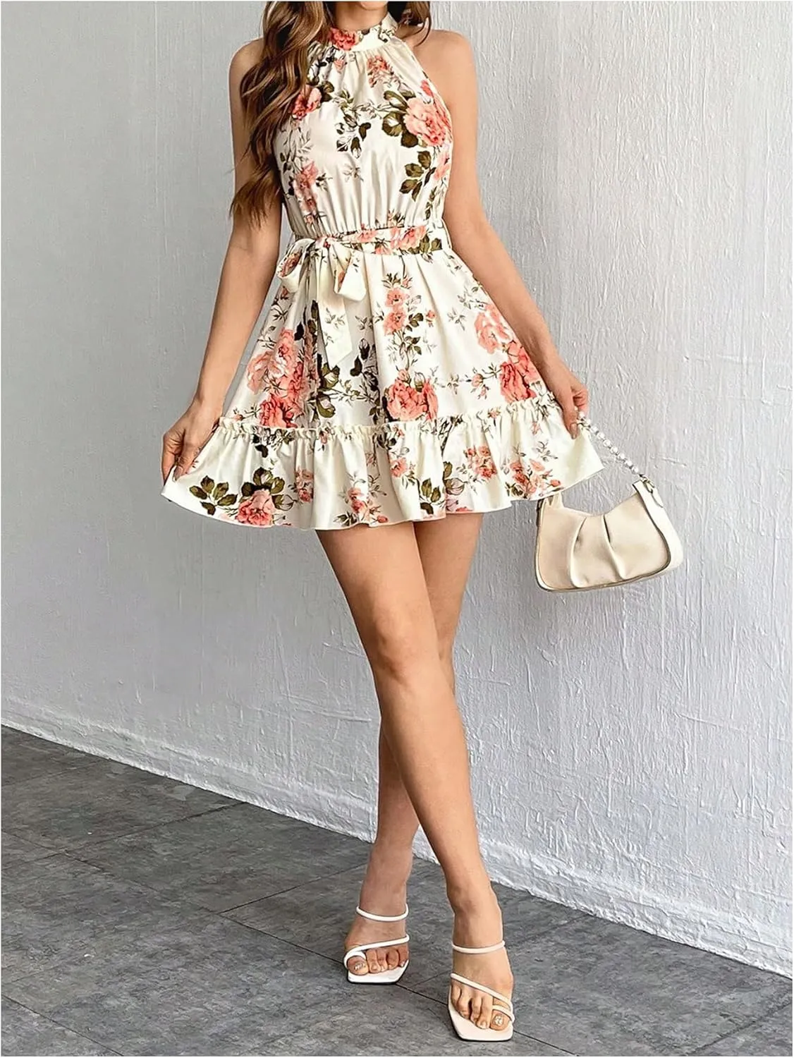 SOLY HUX Women's Elegant Floral Print Halter Dress Sleeveless Ruffle A Line Flowy Mini Dresses with Belt