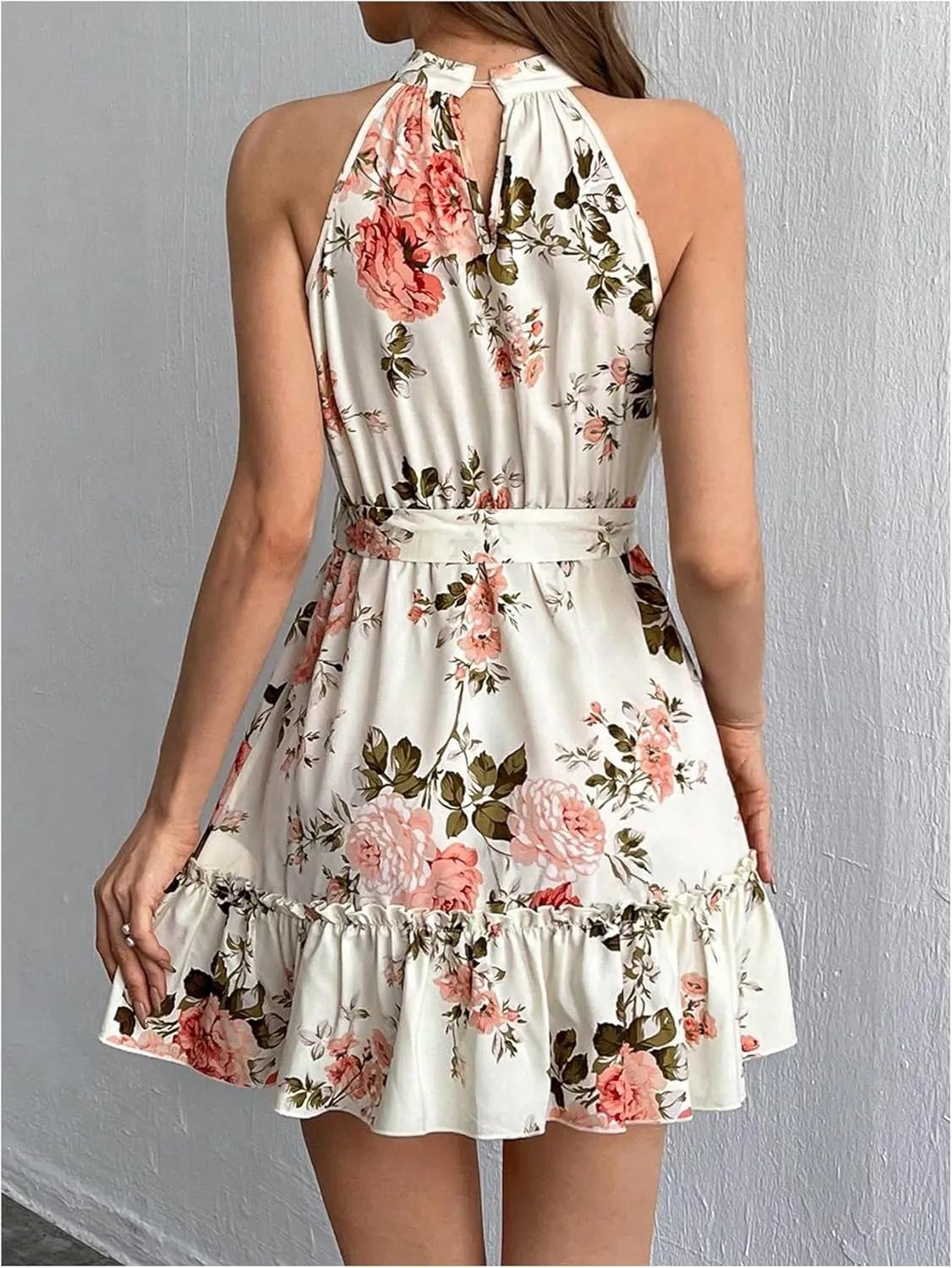 SOLY HUX Women's Elegant Floral Print Halter Dress Sleeveless Ruffle A Line Flowy Mini Dresses with Belt