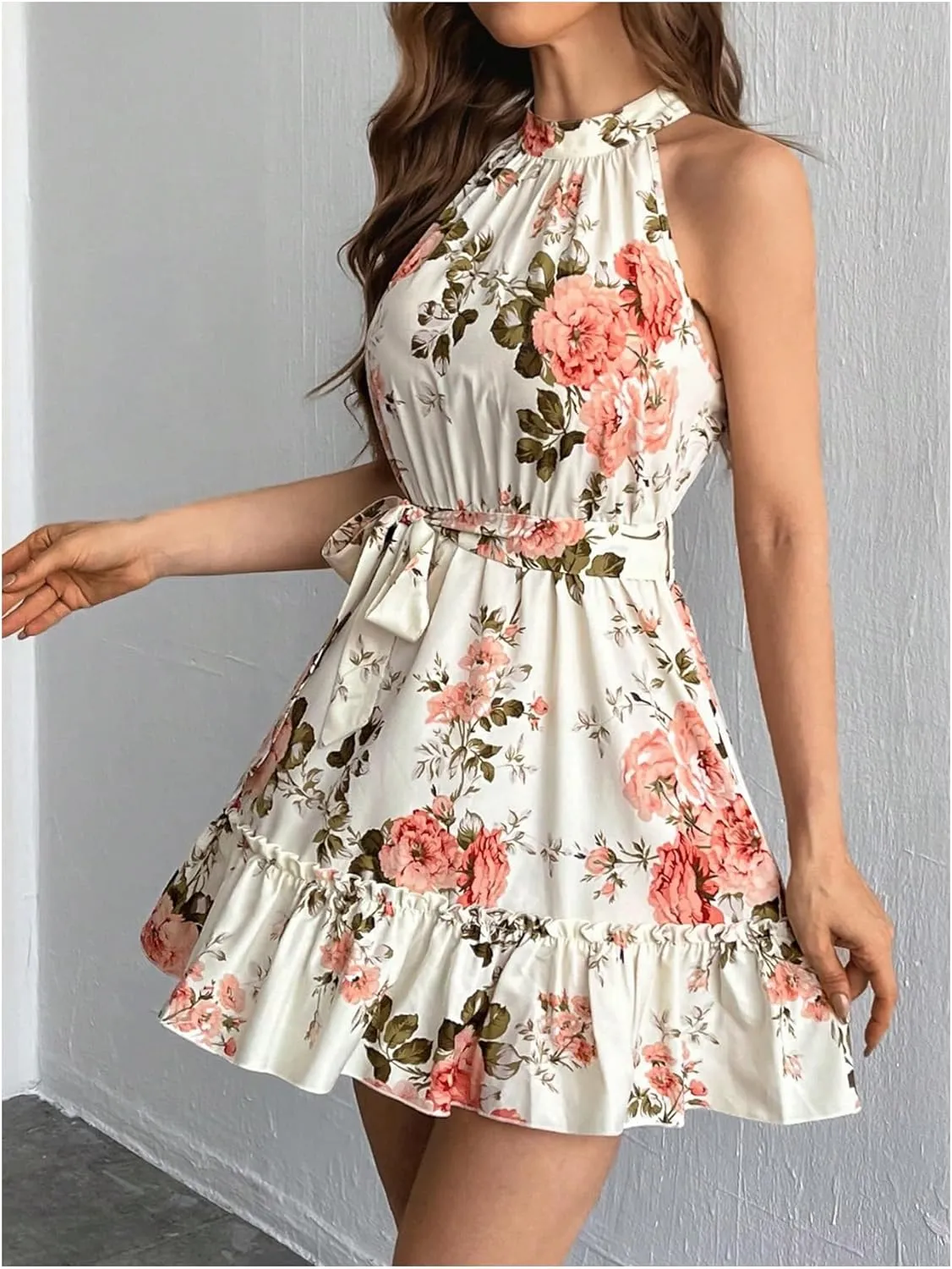 SOLY HUX Women's Elegant Floral Print Halter Dress Sleeveless Ruffle A Line Flowy Mini Dresses with Belt