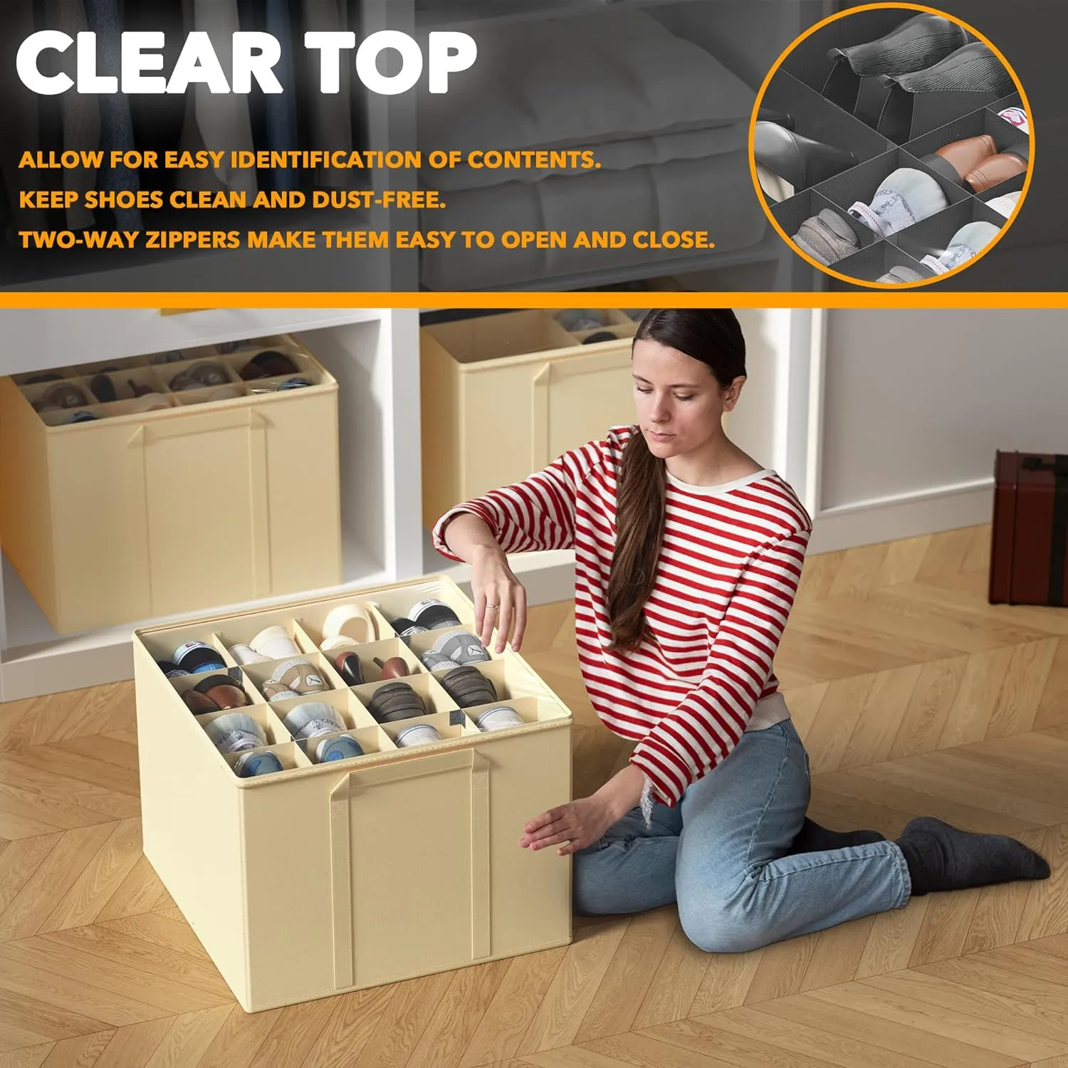SpaceAid Shoe Organizer for Closet, 2 Pack Foldable Shoe Storage Containers Baskets Boxes Bins w/Adjustable Dividers, Fits 16-32 Pairs, Beige