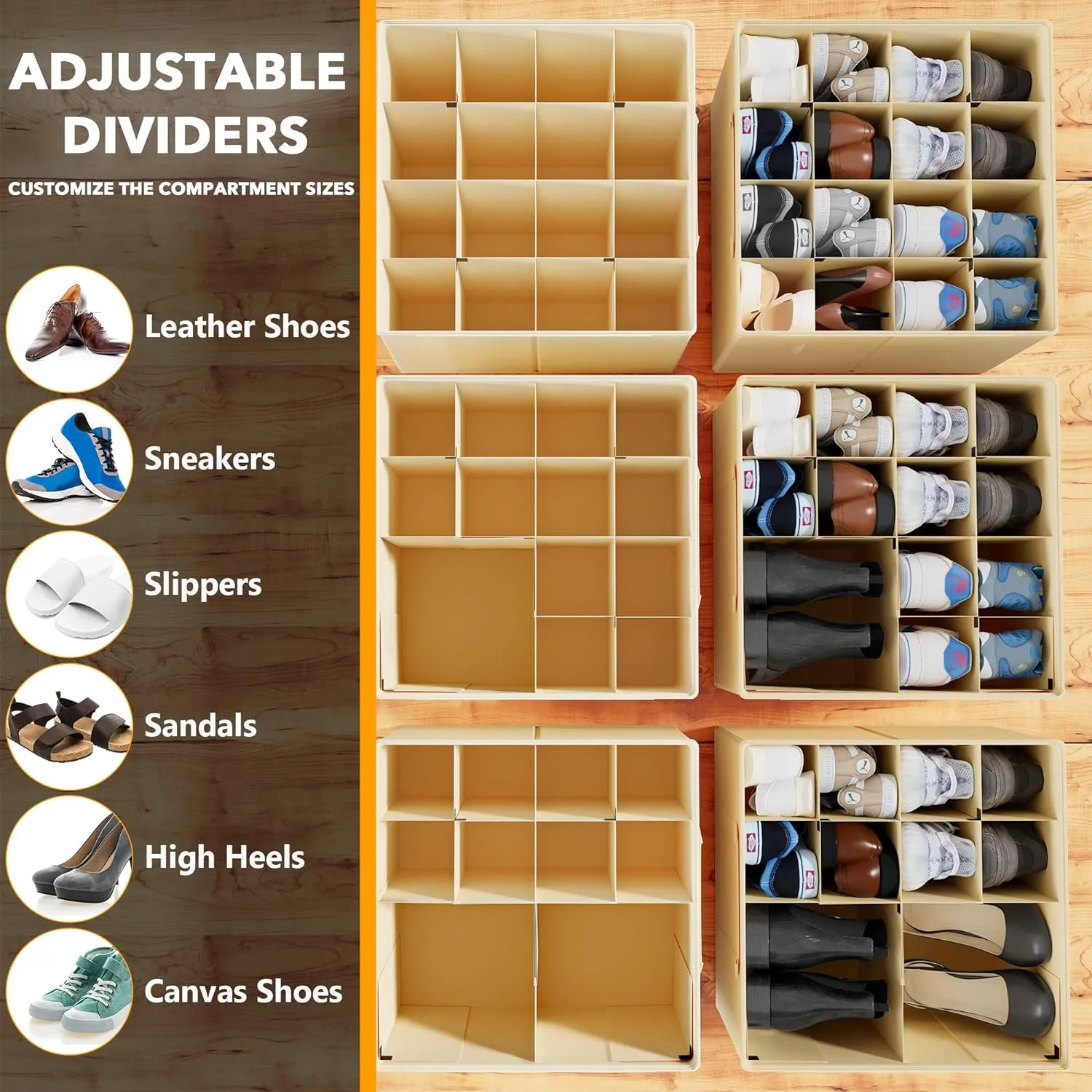 SpaceAid Shoe Organizer for Closet, 2 Pack Foldable Shoe Storage Containers Baskets Boxes Bins w/Adjustable Dividers, Fits 16-32 Pairs, Beige