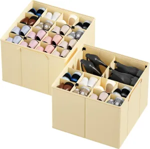 SpaceAid Shoe Organizer for Closet, 2 Pack Foldable Shoe Storage Containers Baskets Boxes Bins w/Adjustable Dividers, Fits 16-32 Pairs, Beige