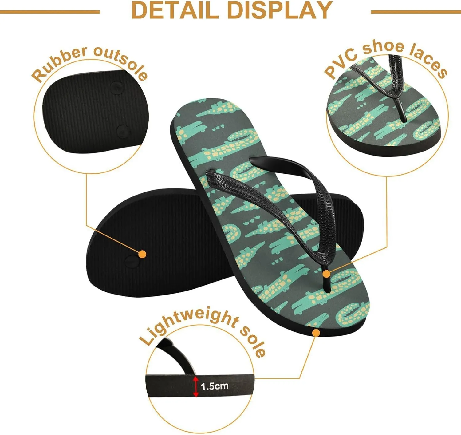 SPRIPORT Cartoon Crocodiles Darkgreen Slim Flip Flops for Women Men Comfortable Casual Thong Cushion Sandals with Non-Slip Rubber Sole Bathroom Shower Shoes for Beach Walking Summer