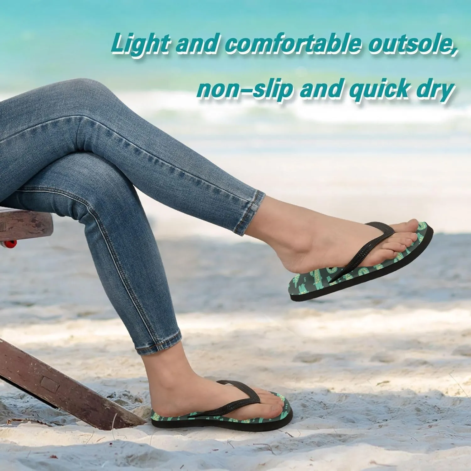 SPRIPORT Cartoon Crocodiles Darkgreen Slim Flip Flops for Women Men Comfortable Casual Thong Cushion Sandals with Non-Slip Rubber Sole Bathroom Shower Shoes for Beach Walking Summer