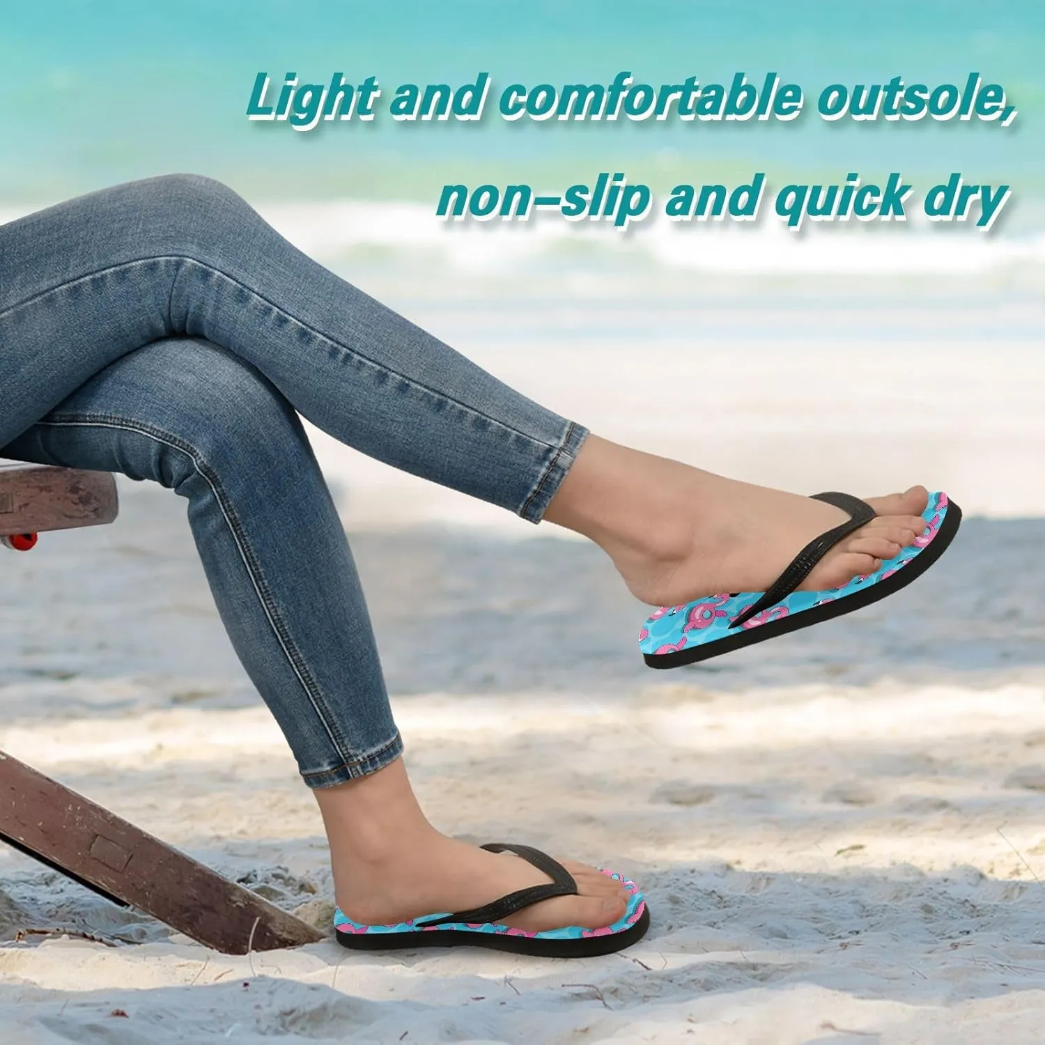 SPRIPORT Flamingo Float Azure Slim Flip Flops for Women Men Comfortable Casual Thong Cushion Sandals with Non-Slip Rubber Sole Flat Sandals for Walking Summer Beach