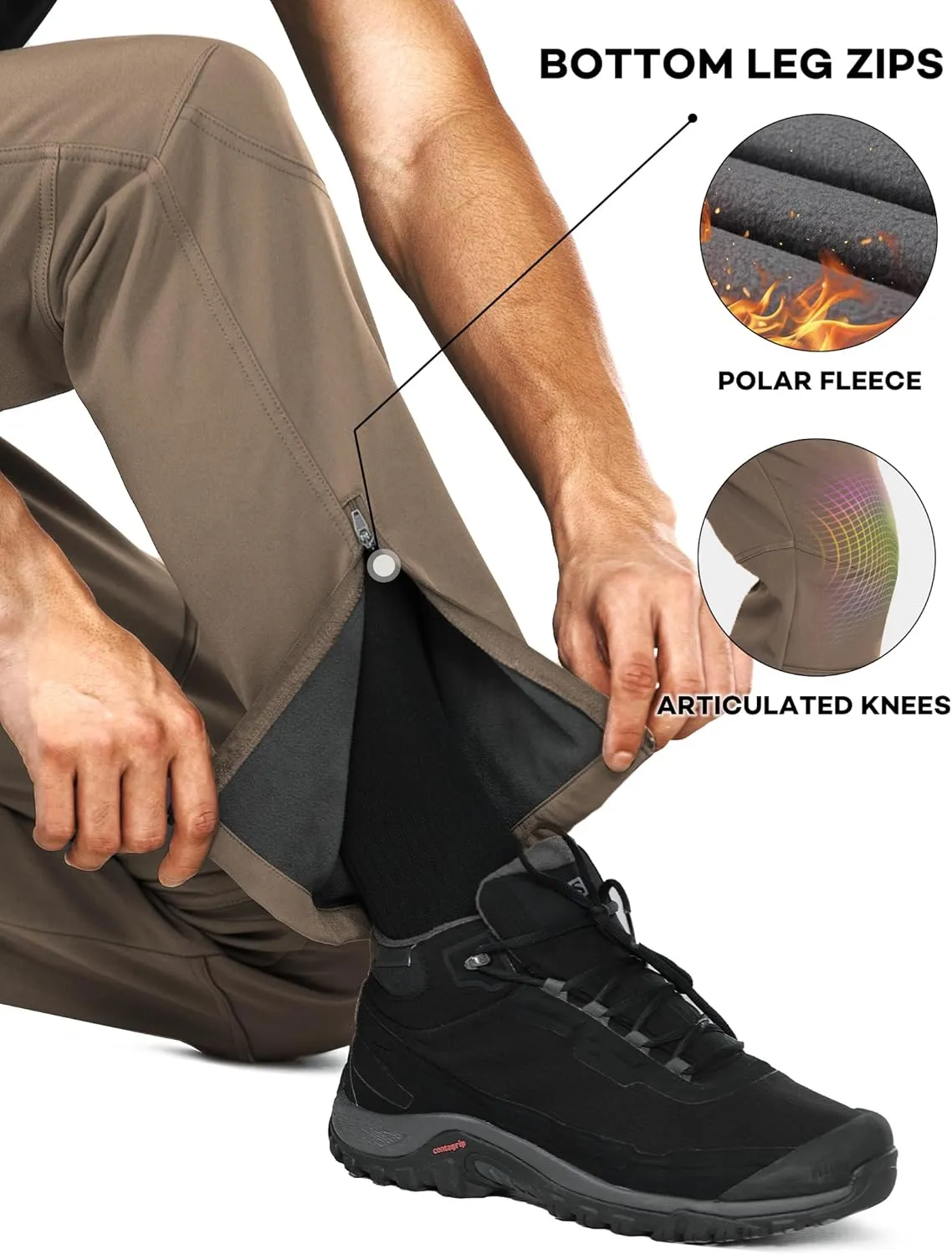 Stlight Mens Snow Ski Water Repellent Softshell Pants for Winter Hiking Fleece Lined Bottom Leg Zipper with 6 Zip Pockets