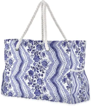 Stripes with Blue Floral Motifs Beach Bags for Women Ladies Large Canvas Tote Shoulder Bag Waterproof Travel Bags for Gym Swim Pool Camping