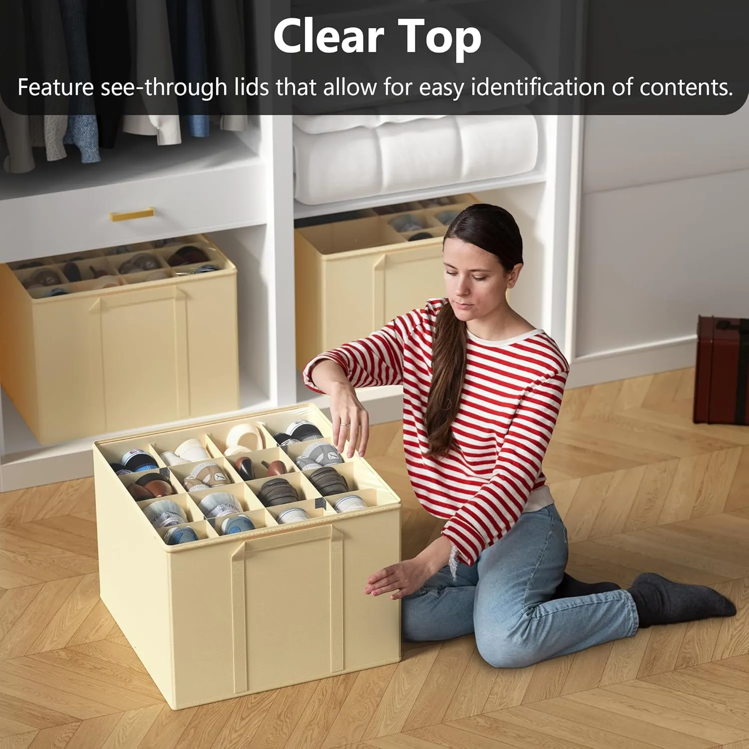 SUOCO 2 Pack Shoe Organizer for Closet, Fits up to 32 Pairs, Small Space Shoe Storage Boxes Bins Containers w/Adjustable Dividers and Clear Top, Black, Beige