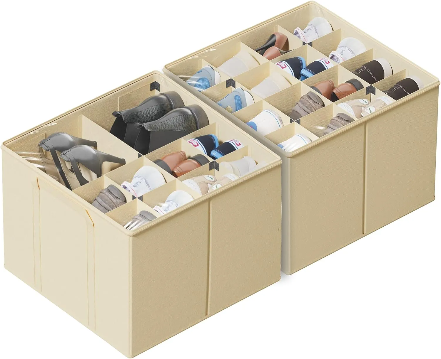 SUOCO 2 Pack Shoe Organizer for Closet, Fits up to 32 Pairs, Small Space Shoe Storage Boxes Bins Containers w/Adjustable Dividers and Clear Top, Black, Beige