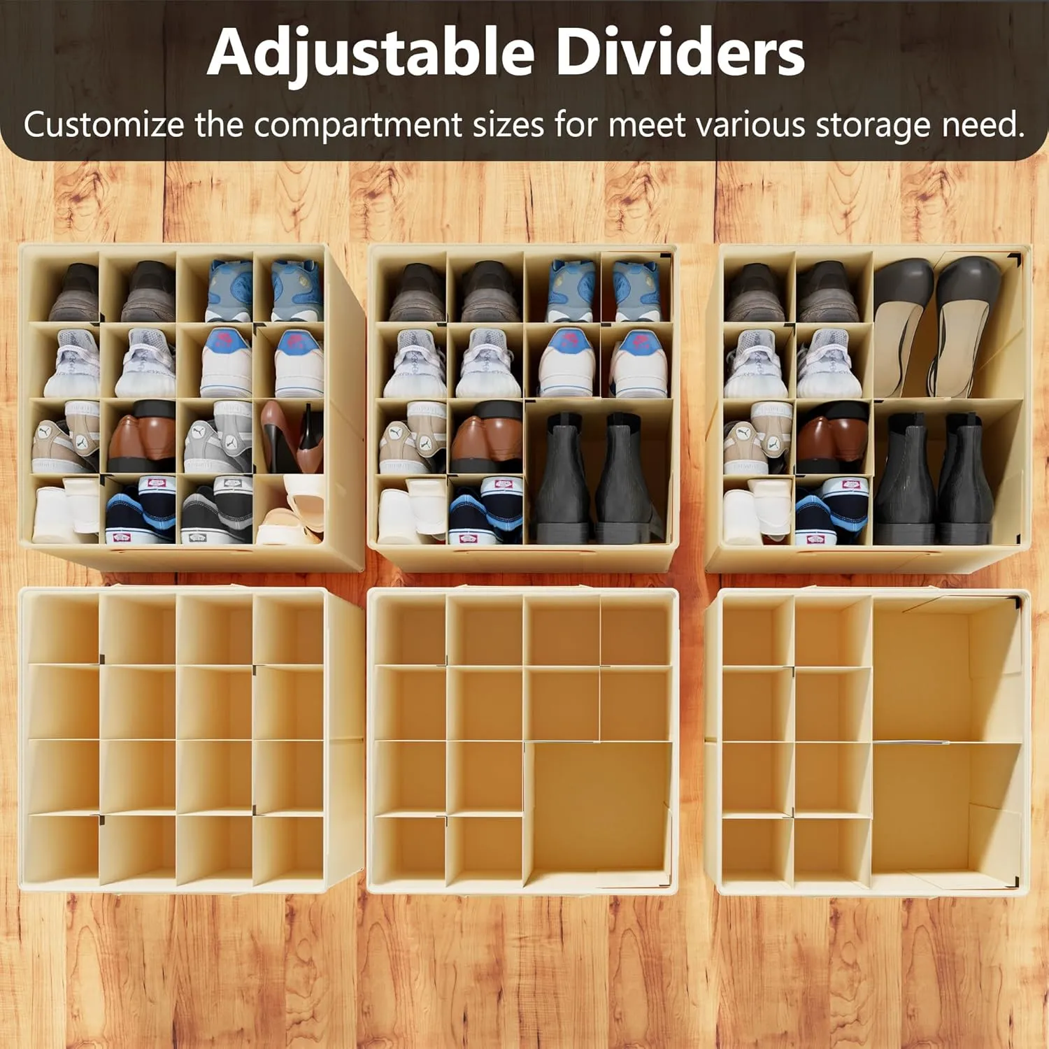 SUOCO 2 Pack Shoe Organizer for Closet, Fits up to 32 Pairs, Small Space Shoe Storage Boxes Bins Containers w/Adjustable Dividers and Clear Top, Black, Beige