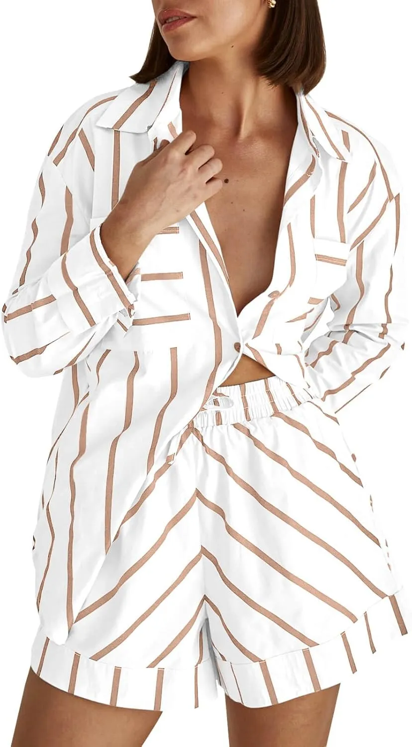 Tankaneo Womens Striped 2 Piece Outfits Button Down Shirts and Shorts Lounge Matching Sets