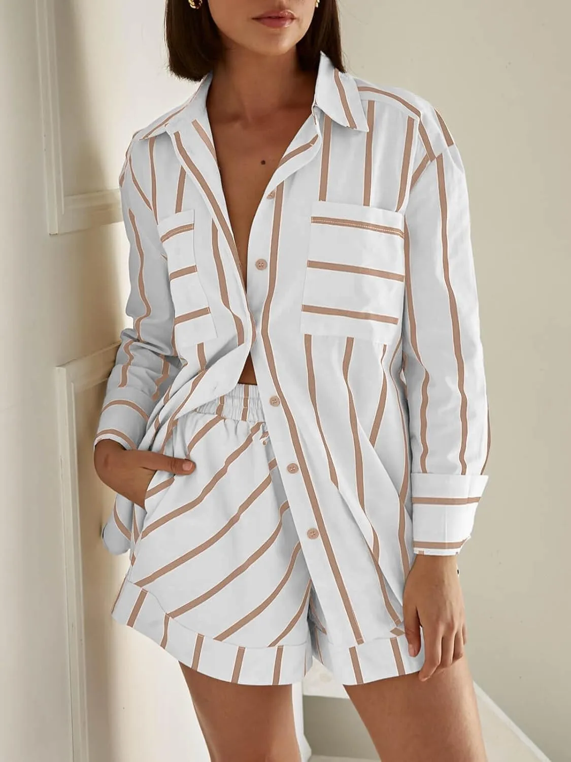 Tankaneo Womens Striped 2 Piece Outfits Button Down Shirts and Shorts Lounge Matching Sets