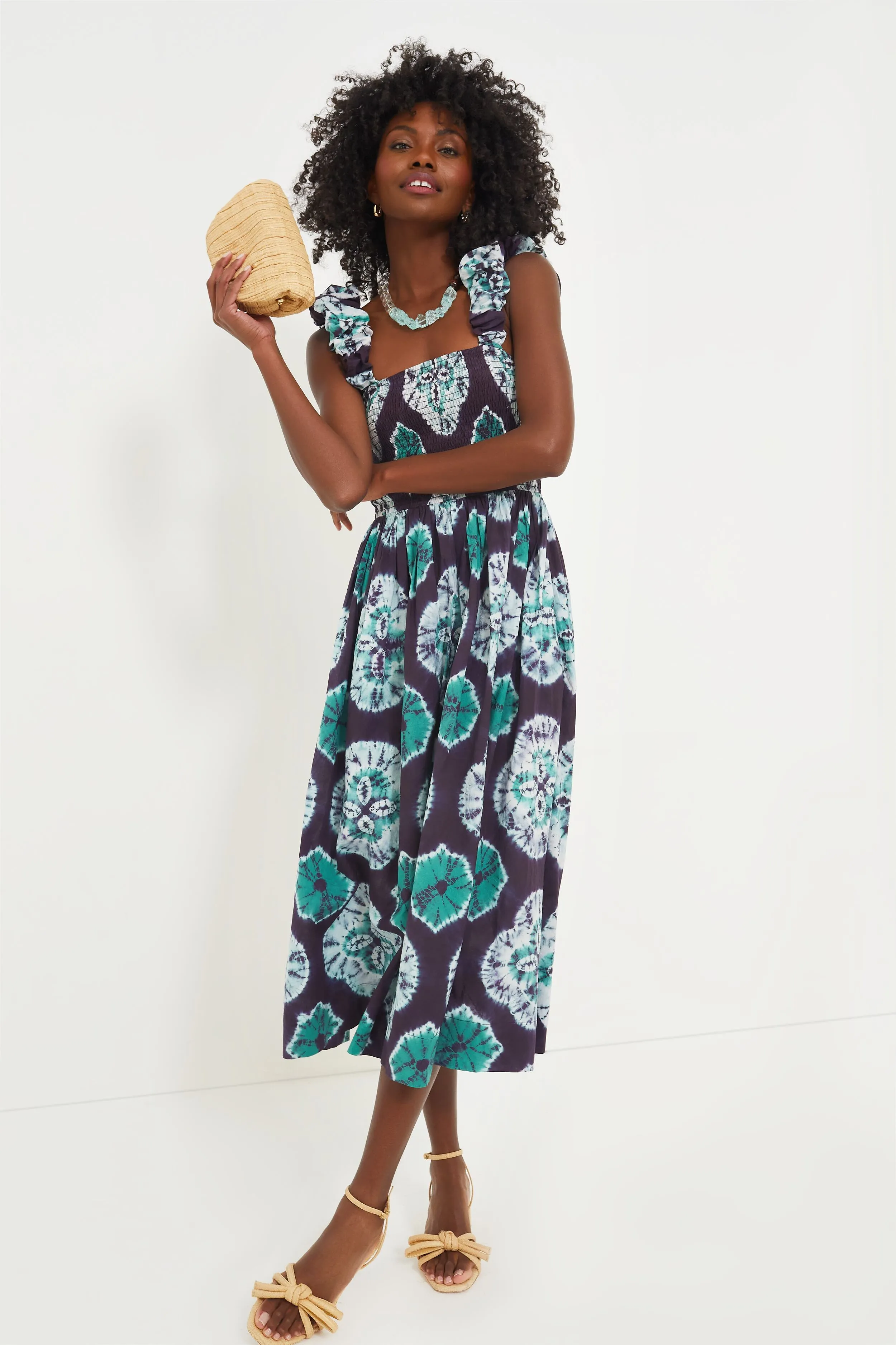 Teal Aveline Tie Dye Print Sleeveless Smocked Dress