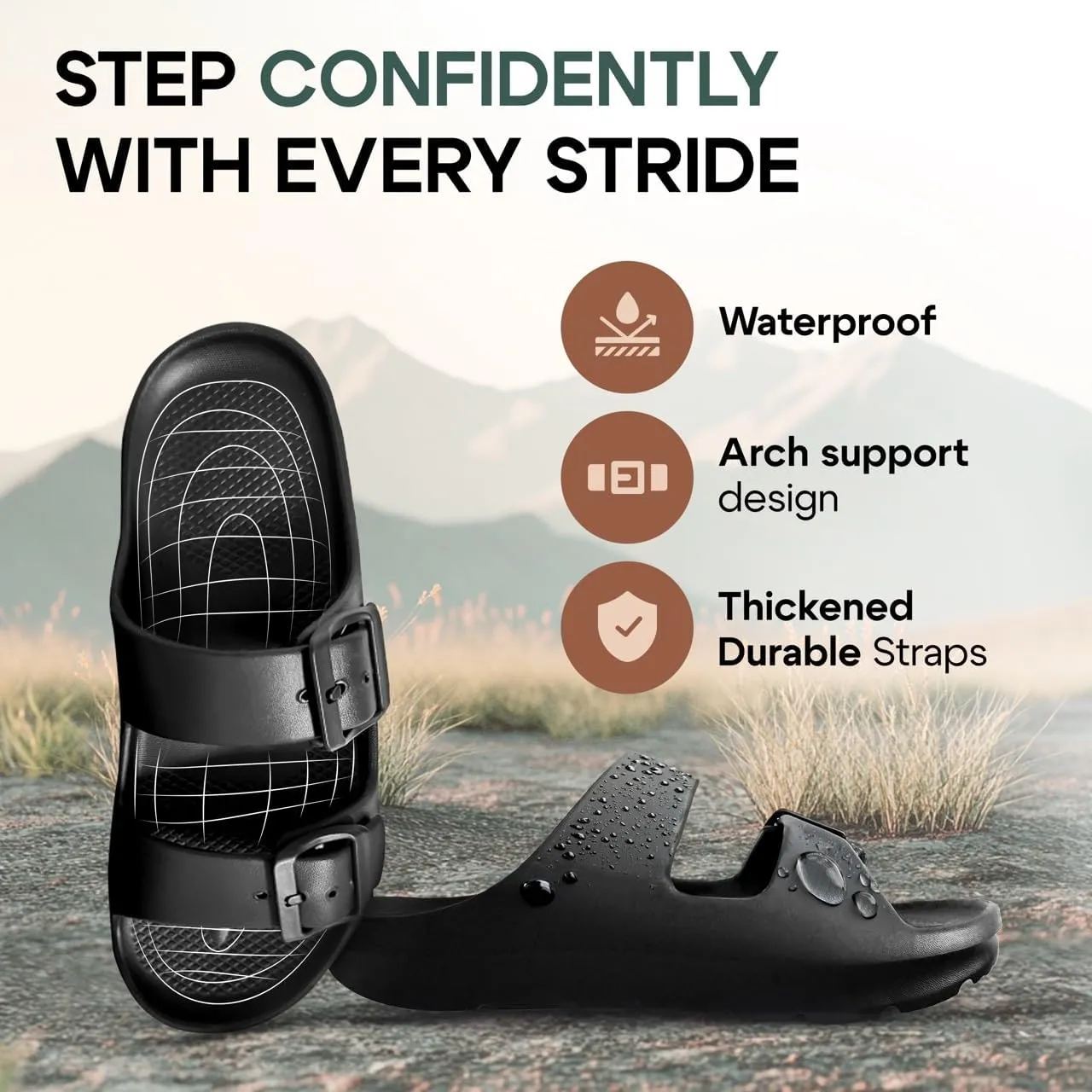 Trailvia Comfortable Footbed Sandals for Men & Women – Adjustable Buckle & Arch Support, Waterproof Summer Slides for Outdoor, Beach & Everyday Adventures
