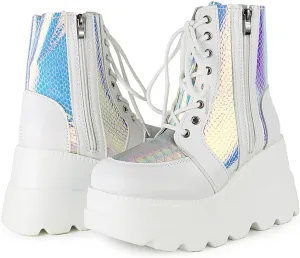 UOQAPRE Women's High Heel Combat Boots Square Toe Lace Up Ankle Booties Fashion Wedge Chunky Platform Boots Zipper Bootie Shoes