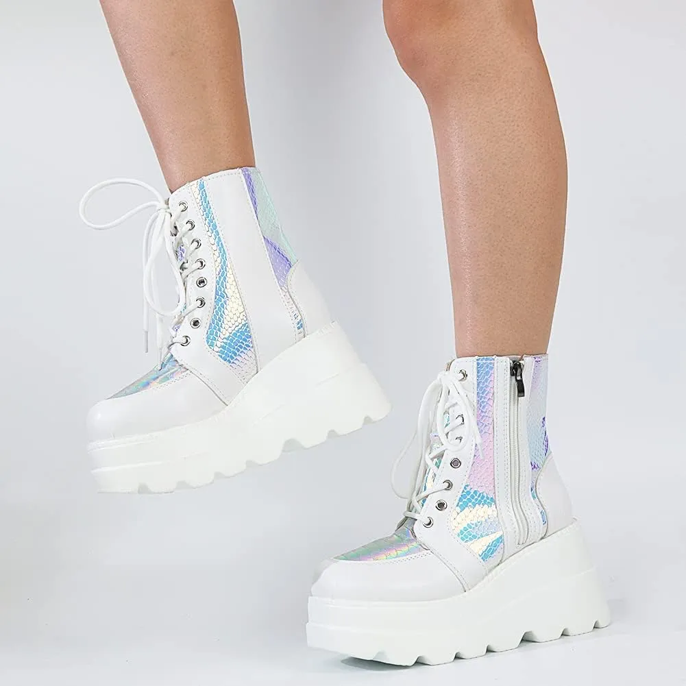 UOQAPRE Women's High Heel Combat Boots Square Toe Lace Up Ankle Booties Fashion Wedge Chunky Platform Boots Zipper Bootie Shoes