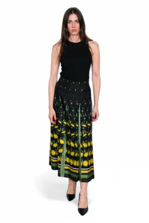 Valentino Black Maxi Skirt with Yellow Floral Print