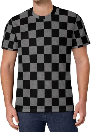 Vintage Checkered Pattern Men's Casual T-Shirts Short Sleeve Crewneck Summer Stretchy Shirt Tops