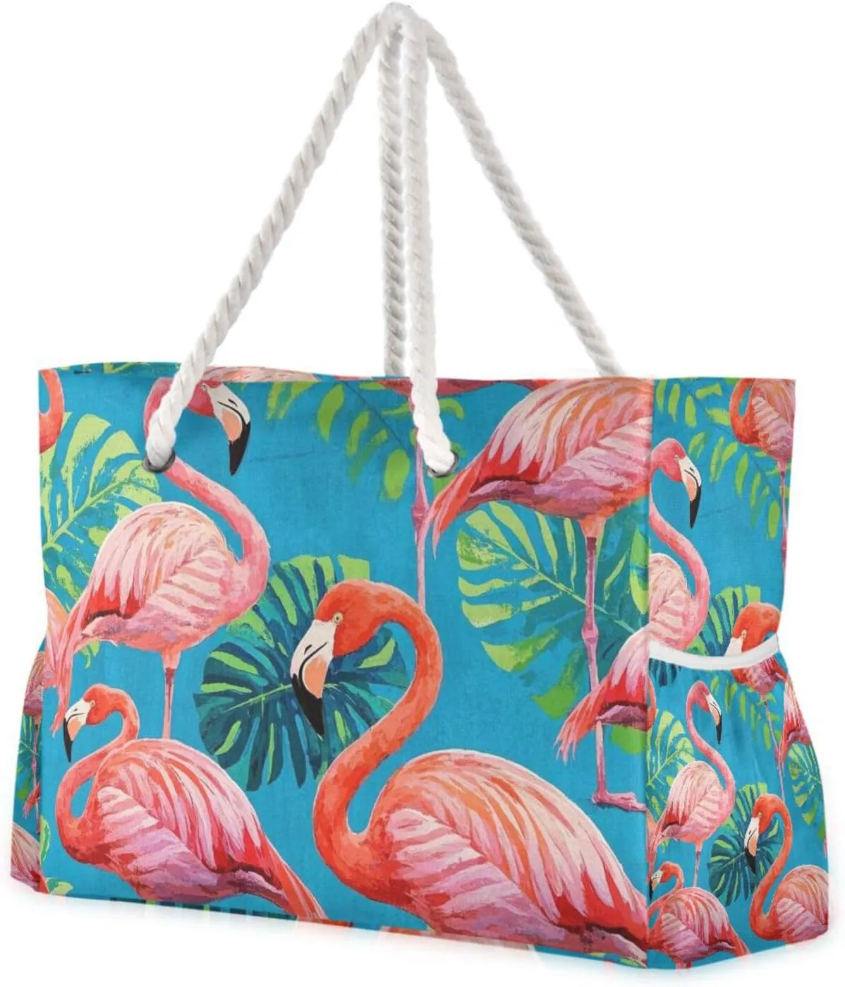 Vintage Painting Flamingos Palm Leaf Blue Large Beach Bags Waterproof Sandproof with side pockets Large Tote Bag Women for Swim Pool
