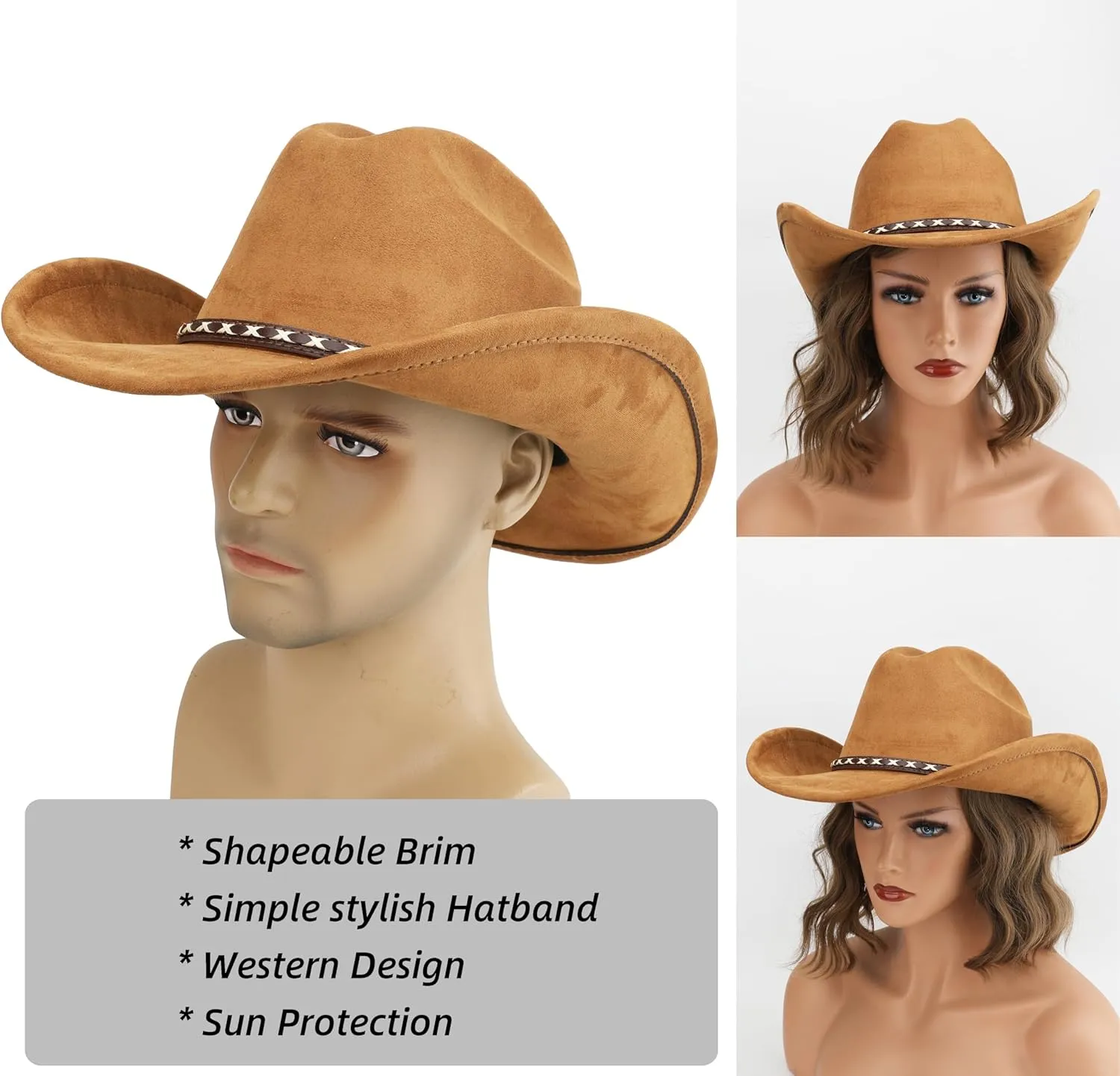 Western Cowboy Hat for Women and Men, Unisex Big Wide Brim Felt Hats for Cowboys and Cowgirls