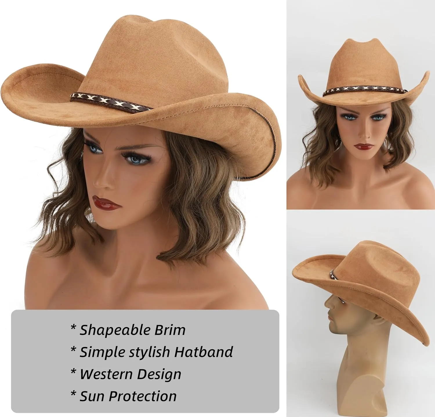Western Cowboy Hat for Women and Men, Unisex Big Wide Brim Felt Hats for Cowboys and Cowgirls