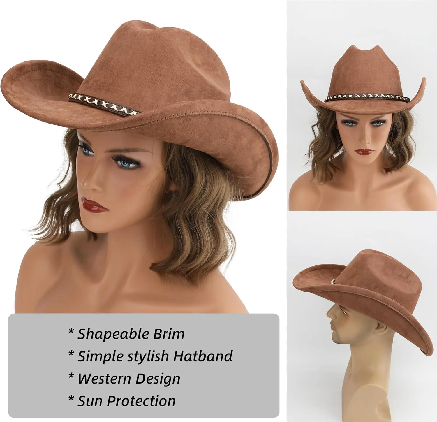Western Cowboy Hat for Women and Men, Unisex Big Wide Brim Felt Hats for Cowboys and Cowgirls