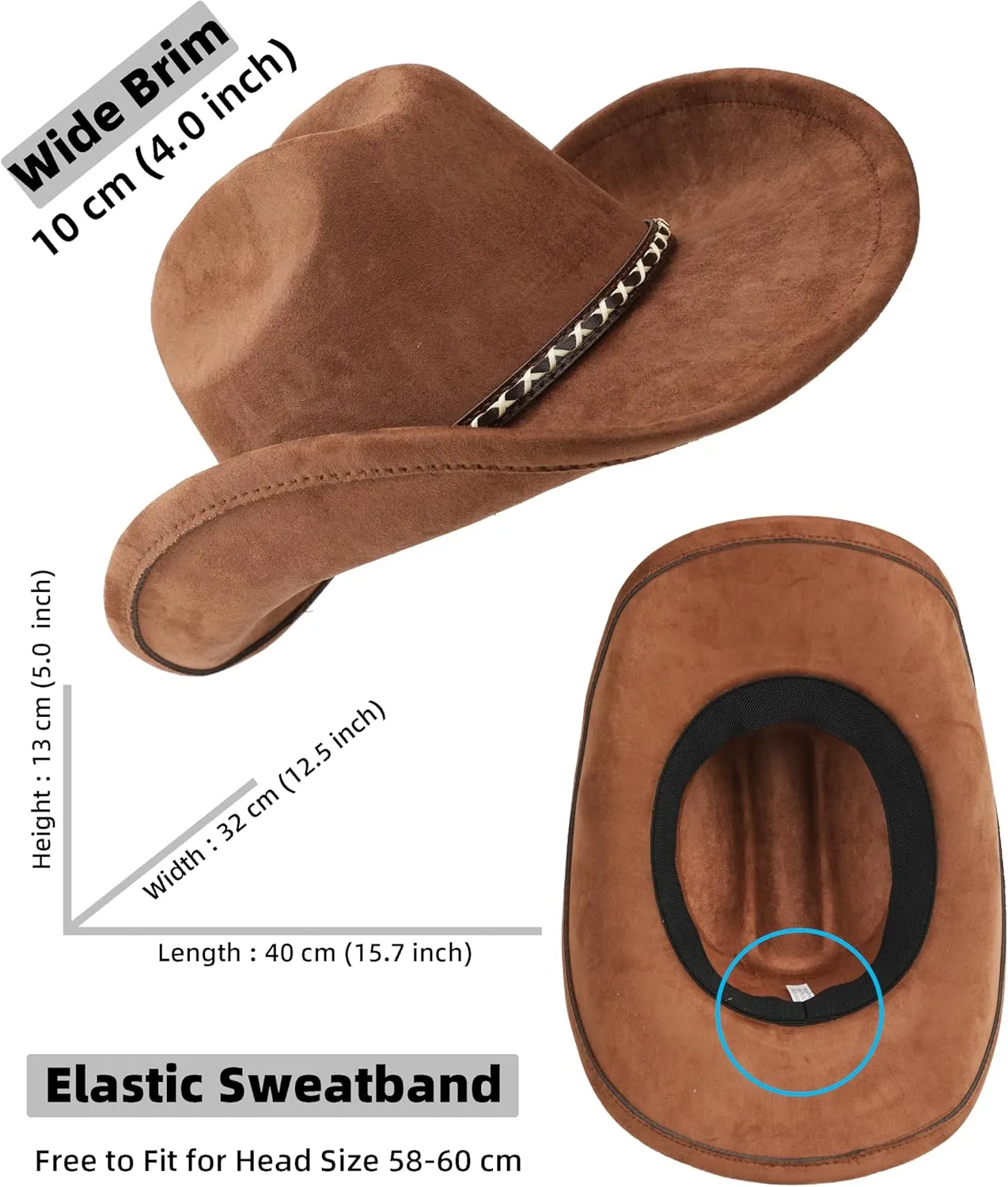 Western Cowboy Hat for Women and Men, Unisex Big Wide Brim Felt Hats for Cowboys and Cowgirls