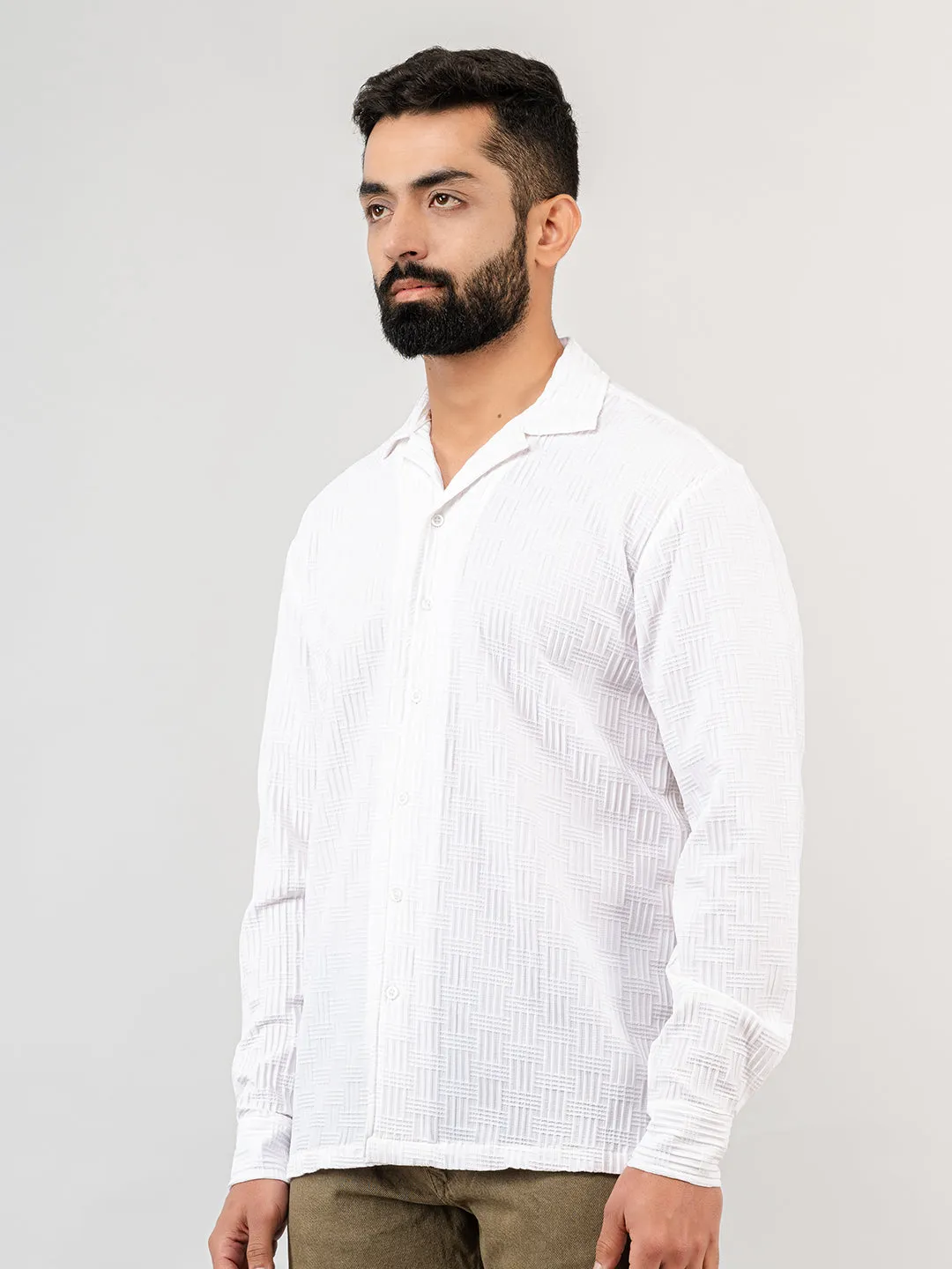 White Blocks Popcorn Textured Full Sleeves Shirt